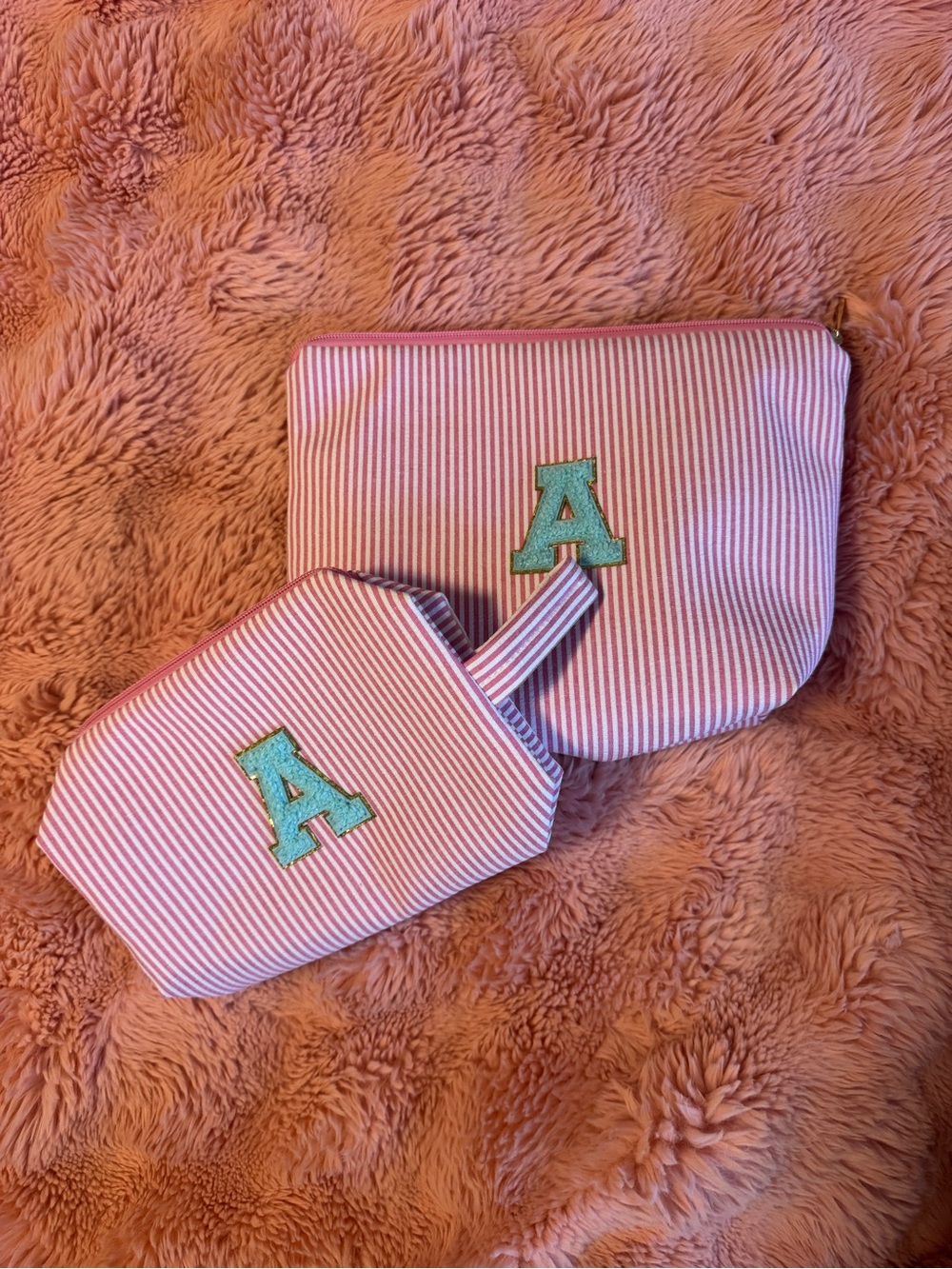 Monogrammed Pink Stripe Cosmetic Travel Bags 'A'